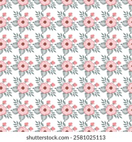 Charming seamless floral pattern featuring delicately designed pink flowers with lush green leaf accents. Perfect for decorative use in textiles, wallpapers, and stationery. 