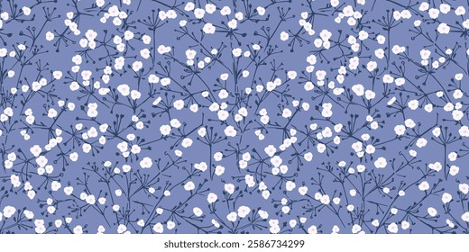 Charming seamless floral pattern featuring tiny white flowers and branches on a soft blue background. Small florals stems ornament print. Perfect for textiles, packaging, wallpapers, elegant designs.