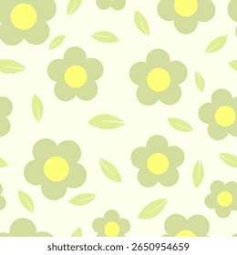 A charming seamless floral pattern featuring soft green flowers and bright yellow centers, accented with simple green leaves. Perfect for spring-themed textiles, wrapping paper, and cheerful decor.