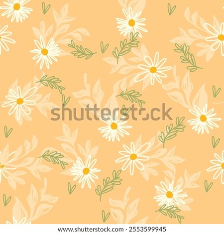 Charming seamless floral pattern featuring white daisies with yellow centers and leafy details on a warm pastel orange background. Ideal for backgrounds, textiles, and creative projects.
