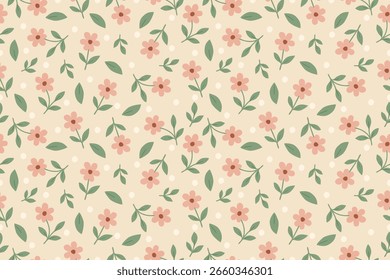 Encantador patrón floral sin fisuras con flores rosadas, hojas verdes y puntos blancos sobre un fondo beige. Ideal para telas, Fondos de pantalla y embalajes.
