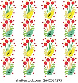 Charming seamless floral pattern with red berries, green leaves, and yellow accents. Ideal for vintage-style wallpaper, fabric, textile prints, and whimsical spring or summer-themed designs.