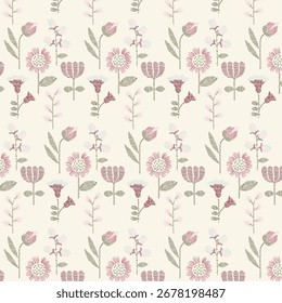 Charming seamless floral pattern with a retro touch. Perfect for modern interiors, fashion textiles, and digital projects, reflecting nature's beauty and vintage elegance trends