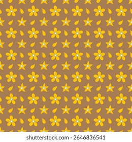 Un encantador patrón floral sin fisuras que muestra flores amarillas brillantes y hojas acompañantes sobre un fondo marrón, perfecto para textiles, Fondos de pantalla y proyectos de Diseño gráfico.