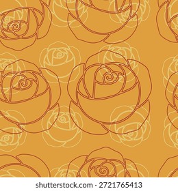 Encantador patrón floral sin fisuras que muestra intrincados contornos de rosas sobre un fondo naranja cálido y terroso, ideal para Elementos de diseño y fondos decorativos