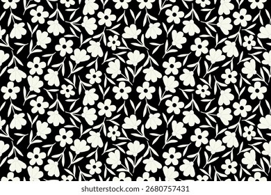 Encantador patrón floral sin fisuras con simples flores y hojas blancas sobre un fondo negro, perfecto para la tela, el Fondo de pantalla, el envoltorio y la decoración.
