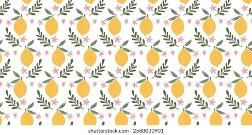 Charming Seamless Lemon and Floral Pattern with Pink Flowers and Green Leaves on White Background for Elegant Decorative and Textile Designs