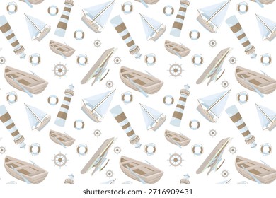 Un patrón náutico encantador, sin fisuras con veleros, faros y salvavidas en tonos beige y azul sobre un fondo blanco limpio.