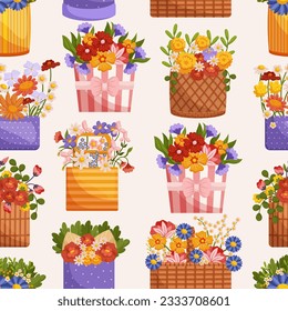 Charming Seamless Pattern Adorned With Beautifully Arranged Flower Bouquets Nestled In Baskets, Creating Delightful And Timeless Repeated Design. Floral Summer Background. Cartoon Vector Illustration