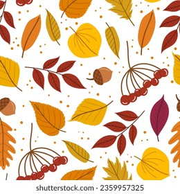 Charming Seamless Pattern Adorned With Golden Autumn Leaves, Berries and Acorns, Creating A Warm And Cozy Atmosphere Perfect For The Fall Season. Cartoon Vector Tile Background With Vibrant Foliage