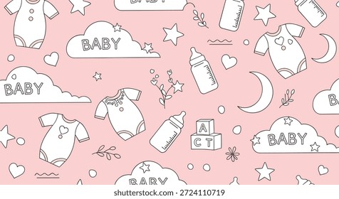 Charmante nahtlose Muster von Baby-Essentials wie Kleidung, Flaschen und Spielzeug in einem minimalistischen Linien-Art-Stil.