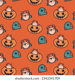 Charming seamless pattern capturing the spirit of Halloween, with adorable hamsters donning Dracula costumes, amidst jack-o'-lanterns and graves on an orange-black background.