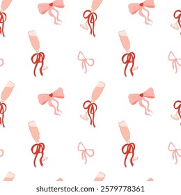 Charming seamless pattern with champagne glasses and bows. A stylish vector illustration perfect for celebrations