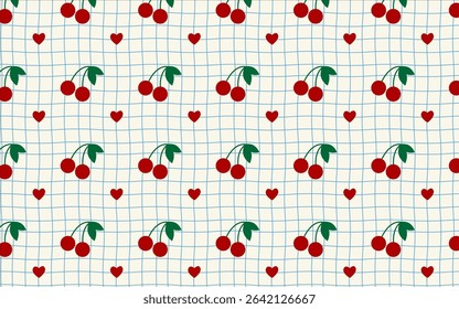 Charming seamless pattern with cherries and tiny hearts on a grid. Perfect for textiles, gifts, or sweet retro designs.
