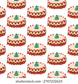Charming seamless pattern with Christmas cakes with a little Christmas tree and holiday berries on top. Cozy hand drawn vector design.
