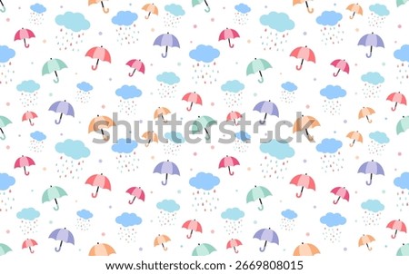 A charming seamless pattern of colorful umbrellas, clouds, and raindrops. A cute and cheerful design for rainy days, seasonal themes, and children's projects.