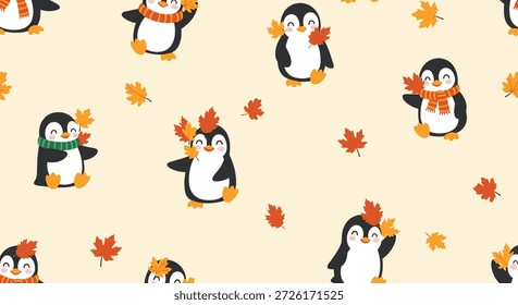 Encantador patrón sin fisuras de lindos pingüinos con bufandas y sosteniendo hojas de arce naranja sobre un fondo beige.