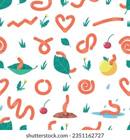 Charming Seamless Pattern with Cute Pink Adorable Worms In Playful Poses, Adding A Whimsical And Fun Touch