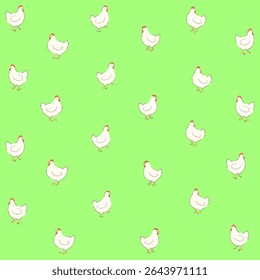 Charming seamless pattern with cute white hens on a fresh green background. Hand-drawn vector design perfect for textiles, packaging, kids products, and farm-themed branding.