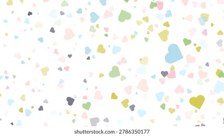 A charming, seamless pattern features numerous pastelcolored hearts in blue, pink, green, yellow, and gray, scattered randomly across a clean white background.