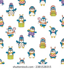 Charming Seamless Pattern Featuring Adorable Retro Penguins Characters In Various Poses And Outfits, Vector Illustration