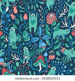 Charming seamless pattern featuring adorable sloths hanging lazily from branches, surrounded by lush green leaves and flowers. The whimsical design exudes a sense of tranquility and playfulness
