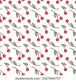 A charming seamless pattern featuring adorable cherry doodles, showcasing intricate details and vibrant colors. Perfect for various design projects, adding a playful touch to any setting.