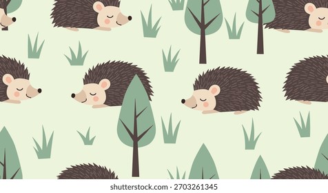 Charming seamless pattern featuring adorable hedgehogs wandering amongst stylized trees and lush green grass, creating a whimsical woodland scene.
