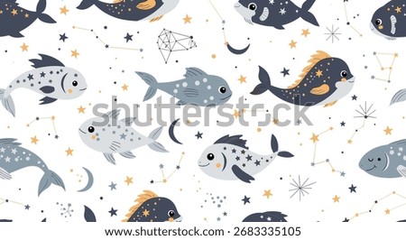Charming seamless pattern featuring adorable celestial fish swimming amongst stars and moons.