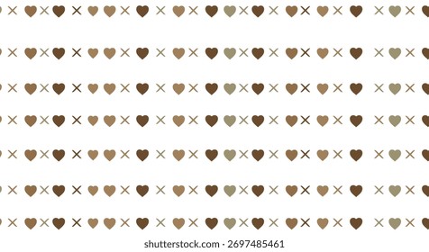 Um charmoso padrão sem emenda com corações castanhos alternados e marcas de 'x' em linhas horizontais em um fundo branco limpo.