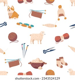 Charming Seamless Pattern Featuring An Array Of Sheep Wool Items, Such As Cozy Socks and Hat, Toy, And Fluffy Yarn