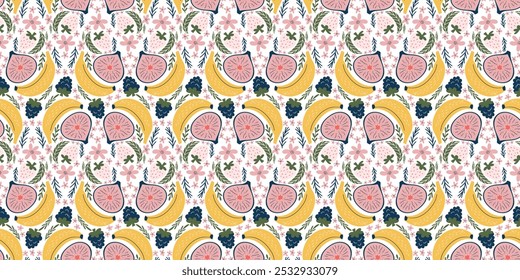 Charming seamless pattern featuring bananas, figs, blackberries, white strawberries, pink flowers, and green leaves. Modern, organic vector style with flat colors and a fun, childlike aesthetic.