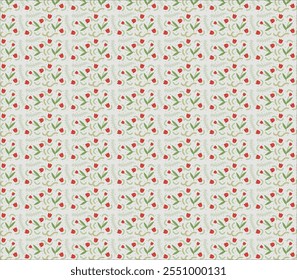 A charming seamless pattern featuring blooming red tulips with green leaves on a soft white background. This nature-inspired design exudes freshness, elegance, and timeless beauty