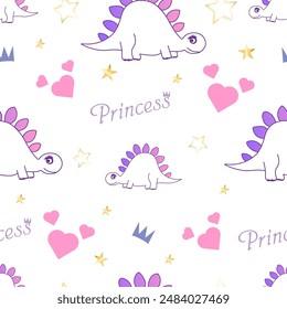 Charming seamless pattern featuring cute dinosaur princesses with crowns, hearts, stars, and pastel decorations. Ideal for baby girl fashion, nursery decor, kids textiles, and birthday party designs