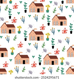 Charming seamless pattern featuring cute houses with colorful potted plants and whimsical nature elements. Ideal for home decor, textiles, or wallpapers