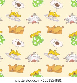 Um padrão perfeito encantador com bonitos filhotes de desenhos animados dormindo e sonhando com lanches saborosos