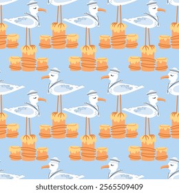 A charming seamless pattern featuring a cute seagull wearing a white sailor cap and collar. This delightful children s character embodies adventure and travel, perfect for wallpaper, textiles