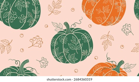 Um charmoso padrão sem emenda com abóboras decorativas e folhas de outono.