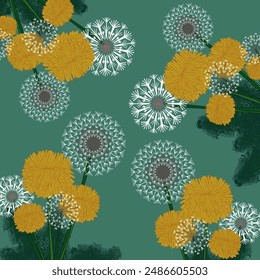 Charming seamless pattern featuring delicate white dandelion clocks and vibrant yellow dandelion flowers on a muted green background. Perfect for textiles, wallpapers, and digital designs.