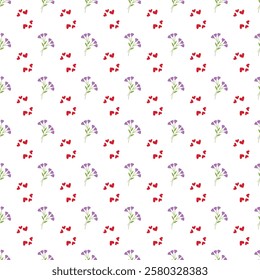 A charming seamless pattern featuring delicate purple flowers and vibrant red hearts intertwined, designed on a clear white background, perfect for textile design, gift wrapping,