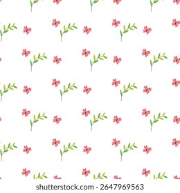 Charming seamless pattern featuring delicate pink flowers and fresh green leaves against a clean white background. Ideal for textiles, wallpapers, and decorative projects.