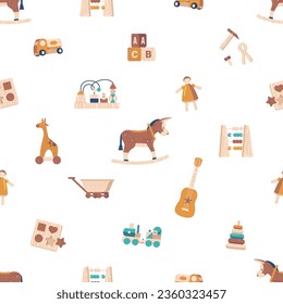 Charming Seamless Pattern Featuring A Delightful Assortment Of Wooden Toys. Train, Donkey, Giraffe, Guitar and Sorter