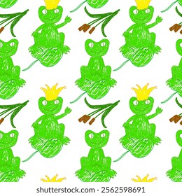 Charming seamless pattern featuring hand-drawn green frogs, some with crowns, surrounded by reeds and lily pads. Ideal for childrens designs, playful decor, or creative projects.