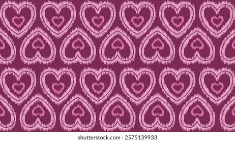 A charming seamless pattern featuring hand-drawn ikat-style hearts in shades of pink, set against a deep maroon background. This playful and romantic design is perfect for Valentine's Day projects.