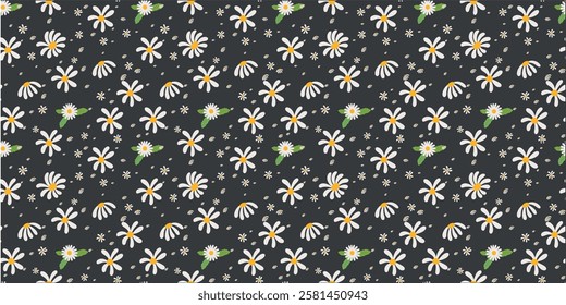A charming seamless pattern featuring hand-drawn white daisy flowers with yellow centers and green leaves on a dark background.