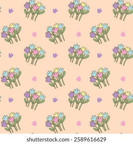 Charming seamless pattern featuring hand-drawn pastel-colored flower bouquets on a soft beige background. Perfect for spring and floral-themed designs-Vector illustration
