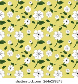 A charming seamless pattern featuring hand-drawn white flowers with dark green leaves scattered over a soft yellow background. The design evokes a fresh and cheerful springtime feel, ideal for fabric 