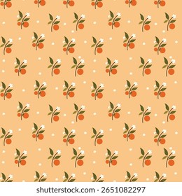 Charming seamless pattern featuring hand-drawn orange fruits, green leaves, and white blossoms on a soft peach background. Perfect for fabric design, wallpaper, wrapping paper, and digital prints.