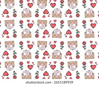  A charming seamless pattern featuring hand-drawn style illustrations of open envelopes with love letters, red hearts of various sizes, and simple red flowers with green stems, all scattered across a 