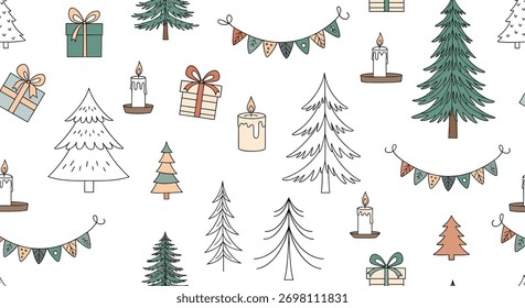 A charming seamless pattern featuring hand-drawn Christmas trees, festive gift boxes, flickering candles, and decorative holiday garlands.